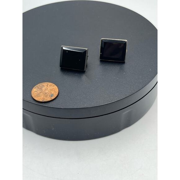 Rectangle Black Glass and 925 Mexico Sterling Silver Clip on Earrings - Picture 10 of 16